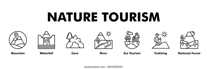NATURE TOURISM web banner icon vector illustration concept with icon of Mountain, Waterfall, Cave, River, Eco Tourism, Trekking, National Forest