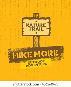 Nature Trail Outdoor Hike Adventure Wooden Plate Creative Rough Illustration On Cardboard Background.