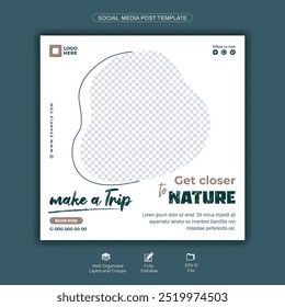 Nature Travel Adventure Social Media Post Template with Scenic Outdoor Design and Female Traveler