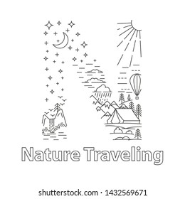 Nature travel Banner with Mountains and tent, pine tree and waterfall landscape on white background. Day and high sky. Single capital letter form banner. Vector illustration.