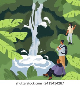 Nature travel. Friends in adventure to waterfall in rainforest. People walking, hiking in jungle among green tropical leaves, palm trees. Serene landscape with water. Flat vector illustration