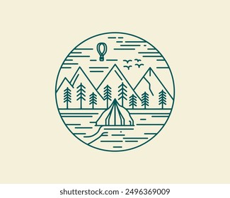 Natur und Reiselinie Art Boho Vektor Outdoor-Badge oder Emblem. Runde böhmische Logo-Design. Modernes Symbol im trendigen minimalistischen Lineart-Stil. Perfekt für Bekleidungsdrucke oder Poster.