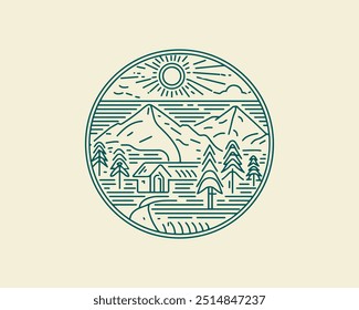 Nature and travel line art boho vector outdoor badge or emblem. Round bohemian logo design. Modern symbol in trendy minimalist lineart style. Perfect for apparel prints or posters.
