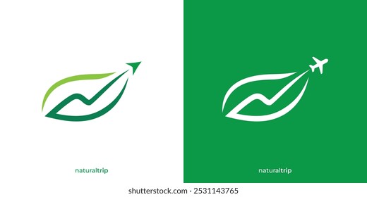 Logotipo da Nature Travel. Abstract Leaf e Mountain Shape e Airplane Seta para cima com estilo minimalista. Logotipo de viagem, Ícone, Símbolo, Vetor, Inspiração de design.