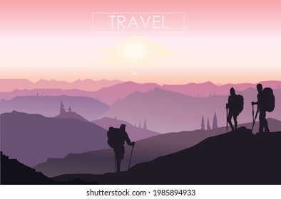 nature travel outdoor activities yoga sport travelers backpackers sunset sun mountains air pastel shades of colors pink purple light vector minimalism beautiful people hills soft light cover landscape