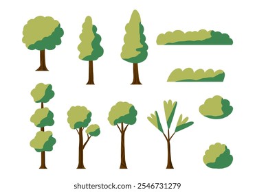 Nature Tree and Bush Collection. A collection of 11 stylized tree and bush illustrations, featuring various shapes and styles ideal for natural, garden, or park-themed designs