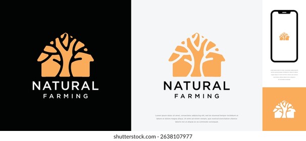 Nature tree farm house logo design. Nature leaf farm logo template. Farming and ranch logo symbol icon	