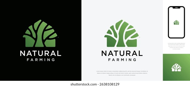 Nature tree farm house logo design. Nature leaf farm logo template. Farming and ranch logo symbol icon	