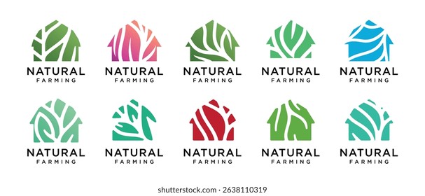 Nature tree farm house logo design collection. Nature leaf farm logo template. Farm and ranch logo symbol icon	