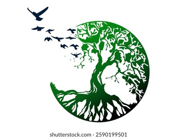 Nature Tree with Flying Birds