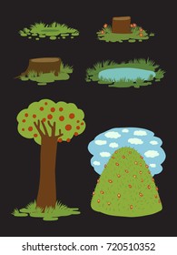 nature, tree, hill, pond, vector illustration 