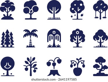 Nature Tree Icons Set  Black Silhouette of Trees Flowers  Leaves