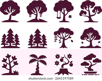 Nature Tree Icons Set  Black Silhouette of Trees Flowers  Leaves