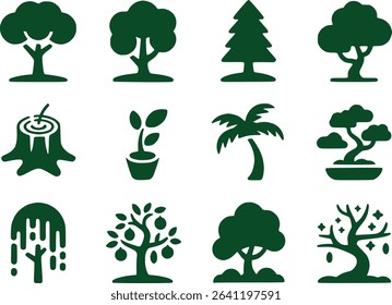 Nature Tree Icons Set  Black Silhouette of Trees Flowers  Leaves