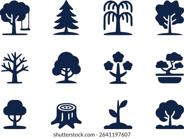 Nature Tree Icons Set  Black Silhouette of Trees Flowers  Leaves