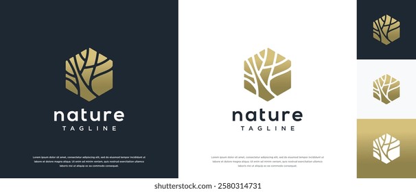 Nature tree logo design. Hexagon nature tree logo template. Nature logo symbol icon