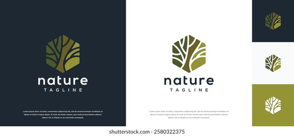Nature tree logo design. Hexagon nature tree logo template. Nature logo symbol icon
