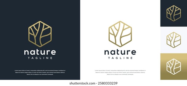 Nature tree logo design. Hexagon nature tree logo template. Nature logo symbol icon