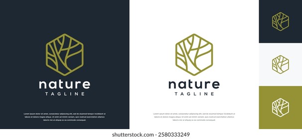 Nature tree logo design. Hexagon nature tree logo template. Nature logo symbol icon