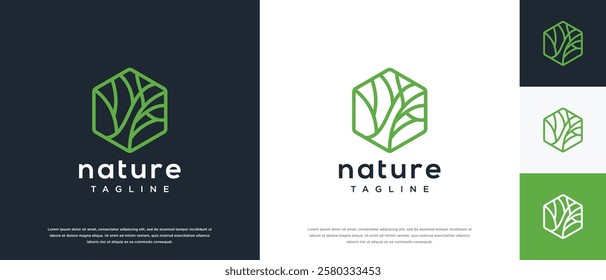 Nature tree logo design. Hexagon nature tree logo template. Nature logo symbol icon