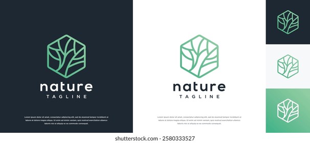 Nature tree logo design. Hexagon nature tree logo template. Nature logo symbol icon