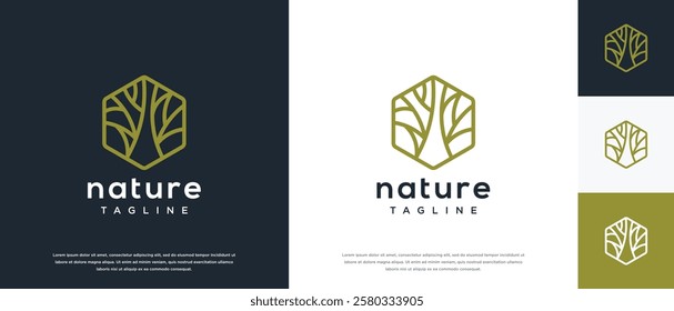 Nature tree logo design. Hexagon nature tree logo template. Nature logo symbol icon