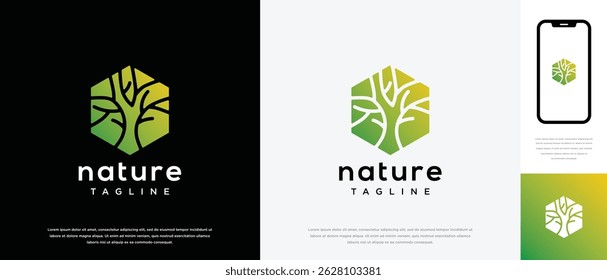 Nature tree logo design. Nature tree logo template in hexagon shape. Nature logo symbol icon