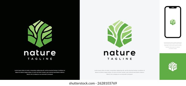 Diseño de logo de árbol de Naturaleza. Plantilla del logotipo del árbol de Naturaleza en forma de hexágono. Icono de símbolo de logotipo de Naturaleza