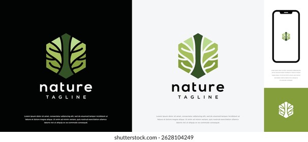 Nature tree logo design. Nature tree logo template in hexagon shape. Nature logo symbol icon