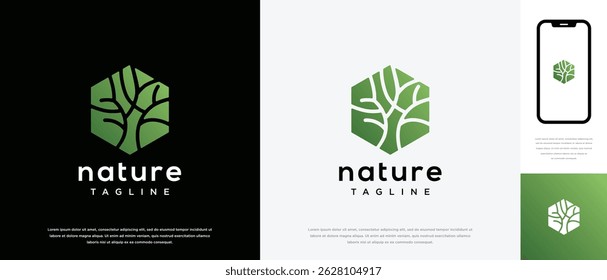 Nature tree logo design. Nature tree logo template in hexagon shape. Nature logo symbol icon