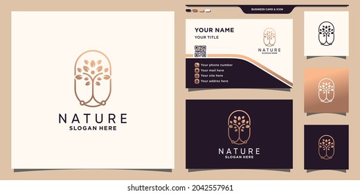 Nature tree logo with line art style and business card design Premium Vector