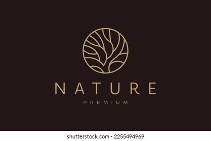 Plantilla del logotipo del árbol de la naturaleza. Resumen del círculo de los árboles. Emblema vectorial para el diseño de negocios, para un ecosistema, agricultura, salud, hierbas, spa