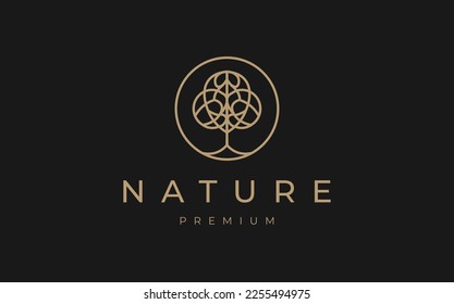 Nature tree logo template. Abstract outline circle. Vector emblem for business design, for a green, eco, farming, cosmetology, yoga, spa