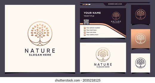Nature tree logo with unique circle concept and business card design Premium Vector