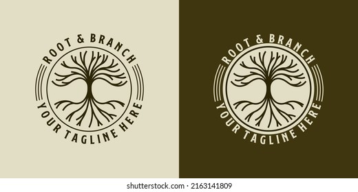 Nature tree modern logo with branch and root element. Line art creative tree logo design in circle badge