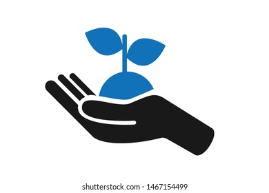 Nature Tree on the human hand that means tree plantation vector icon (blue version)