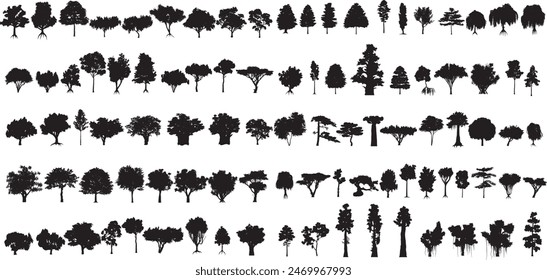 Colección de silueta de árbol de Naturaleza, conjunto de silueta de árbol sobre fondo blanco - Arte vectorial EPS