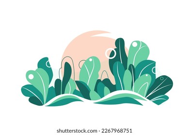 Nature tree vector illustration. Minimal forest landscape with big sun on backdrop isolated on white background in simple flat style.