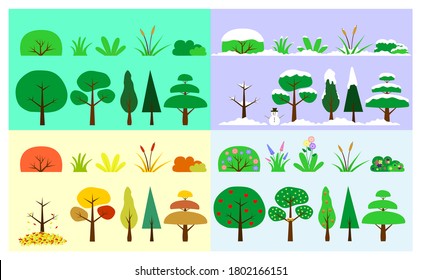 Nature trees, bushes and plants with the climate of the four seasons of the year vectorized