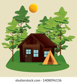 nature trees with cabin and camp landscape