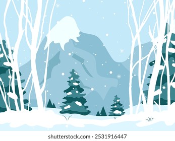 Nature trees forest background and snowing for winter season concept. Hand drawn isolated illustrations.