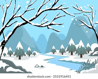Nature trees forest background and snowing for winter season concept. Hand drawn isolated illustrations.