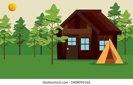 nature trees landscape with cabin and camp