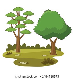 Nature trees on grass at nature cartoons vector illustration graphic design.