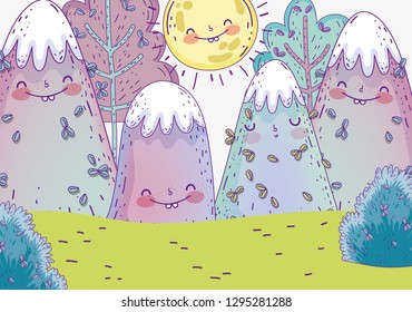 nature trees with snowy mountains and sun