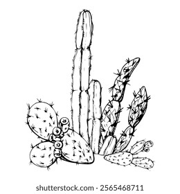 Nature tropical exotic desert plant succulent cactus aloe agave nopal. Hand drawn ink vector illustration isolated white background. Design travel, vacation brochure, print, botanical garden ads