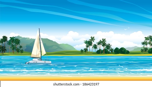 Nature tropical landscape with sailing boat, blue sea and coconat palms on a cloudy sky.