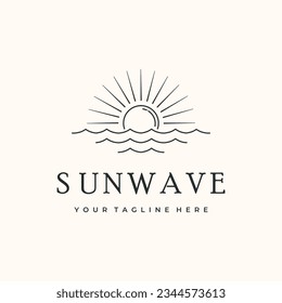 nature tropical sun wave line art logo vector minimalist illustration design, landscape view of sun wave logo design