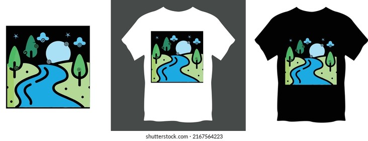 Diseño de camisetas naturales con árbol, río y luna para imprimir