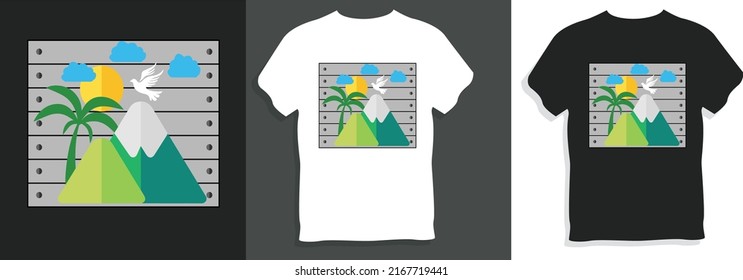 Nature T-Shirt Design with Tree, Sun, Mountain, Bird and Cloud For Print
